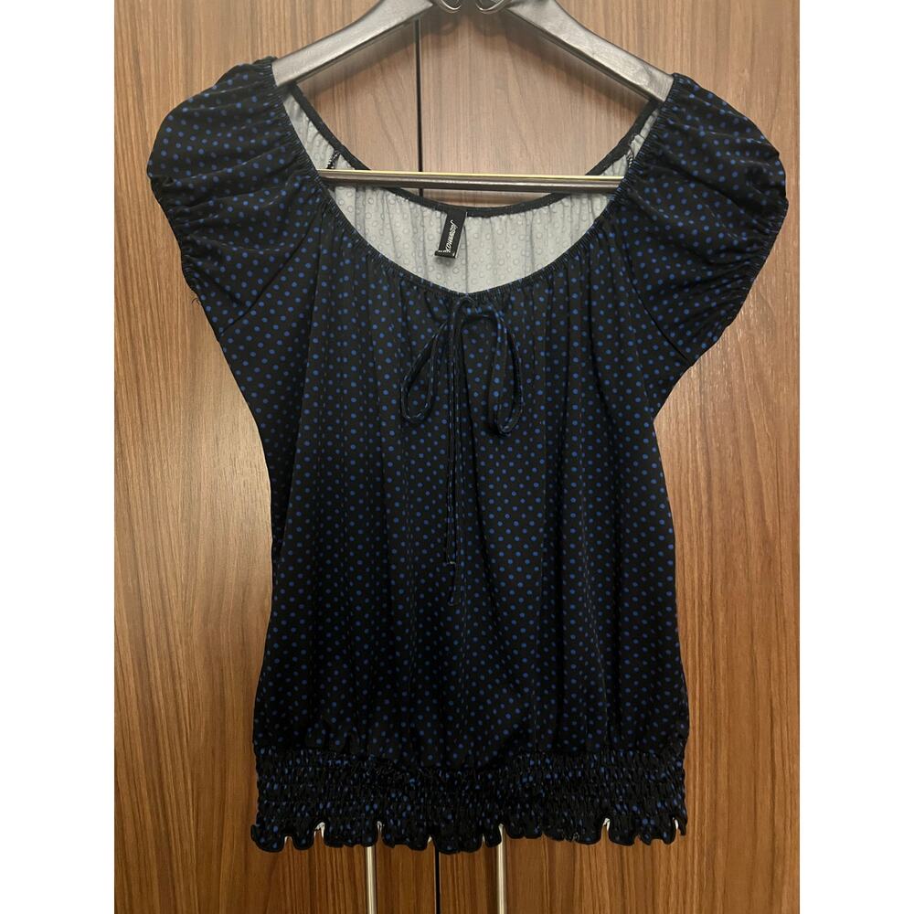 Jason Maxwell Petite Small Black Blue Dot Blouse Short Sleeve Women’s Top